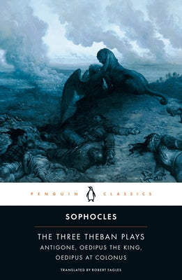 Paperback of The Three Theban Plays by Penguin Classics showing the book cover with Greek artwork and title text.