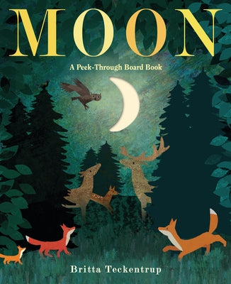 Close-up of the cover of Moon: A Peek-Through Board Book by Doubleday Books for Young Readers, showing colorful moon-themed illustrations.