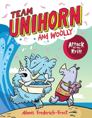 Paperback graphic novel "Team Unihorn and Woolly #1: Attack of the Krill" by Harperalley featuring colorful cover art with characters.