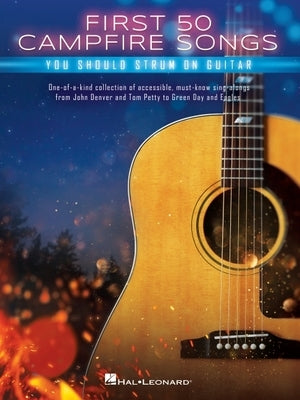 Paperback of "First 50 Campfire Songs" by Hal Leonard, showing chords, tabs, and lyrics for popular campfire sing-along guitar songs.