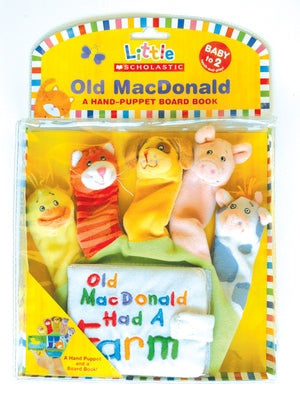 Fabric Old MacDonald hand-puppet board book with colorful animal illustrations and a built-in hand puppet for interactive storytime.