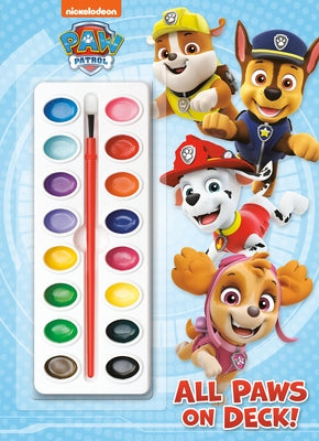 All Paws on Deck! Paw Patrol activity book showing colorful pages, paintbrush, and watercolors for kids' creative art.