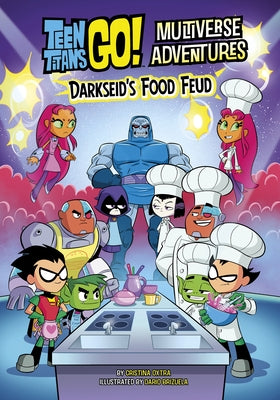 Paperback of Darkseid's Food Feud by Stone Arch Books featuring colorful comic-style cover art.