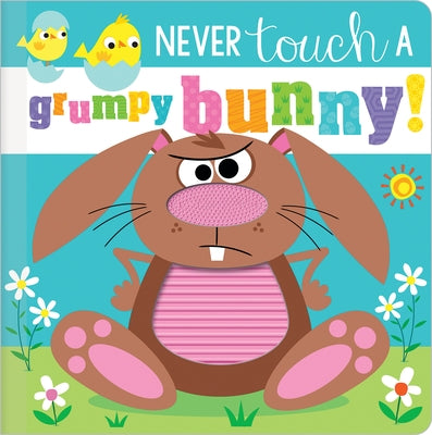 Open page of Never Touch a Grumpy Bunny! board book by Make Believe Ideas, featuring colorful illustrations of a grumpy bunny.