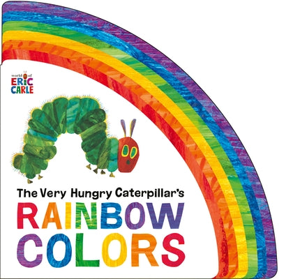 Open colorful board book "The Very Hungry Caterpillar's Rainbow Colors" by World of Eric Carle showing vibrant rainbow illustrations.