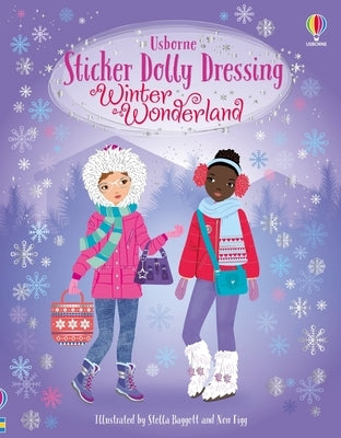 Paperback Sticker Dolly Dressing Winter Wonderland book by Usborne Books featuring colorful holiday-themed sticker scenes and winter outfits.