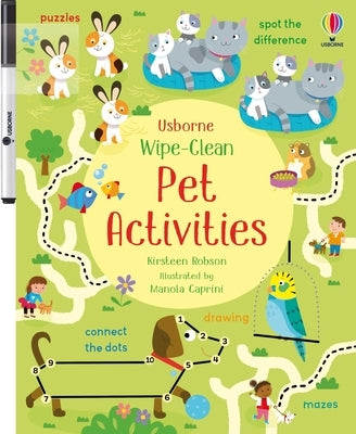 Wipe-clean pet activities paperback book by Usborne Books featuring colorful illustrations and fun activities for children