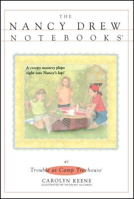 Paperback book titled "Trouble at Camp Treehouse" by Aladdin Paperbacks, showing the front cover with colorful illustrations.