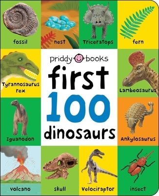 First 100 Dinosaurs board book by Priddy Books US featuring colorful illustrations of various dinosaurs on the cover