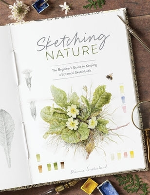 Paperback botanical sketchbook titled "Sketching Nature" by David & Charles, featuring pages with detailed plant illustrations.