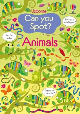 Paperback "Can You Spot? Animals" book by Usborne Books featuring colorful animal illustrations on the cover.