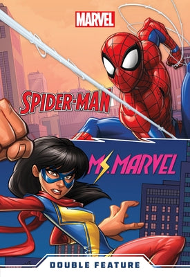 Paperback Marvel double feature with Spider-Man and Ms. Marvel comics, featuring colorful superhero illustrations.