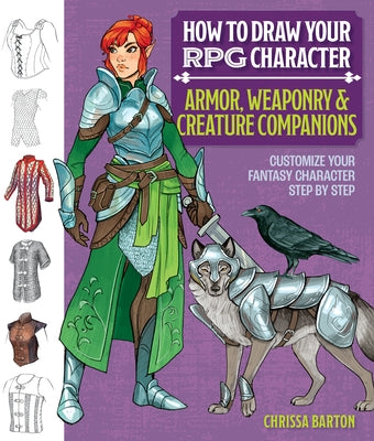 Paperback guide by Get Creative 6 showing illustrated RPG character armor, weapons, dragons, and elves for drawing inspiration.