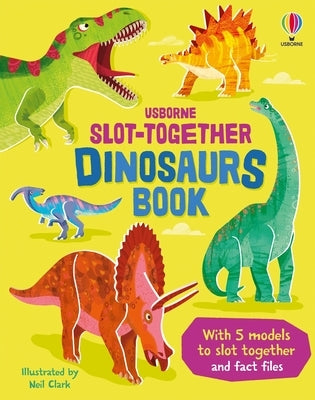 Colorful Slot-Together Dinosaurs board book by Usborne Books featuring interactive dinosaur cutouts and educational illustrations.