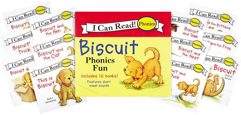 HarperCollins Biscuit 12-Book Phonics Fun boxed set with mini-books on short and long vowel sounds for early reading.