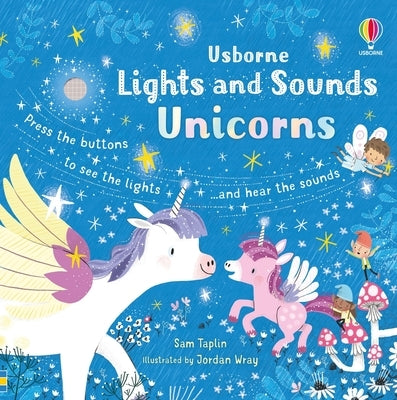Lights and Sounds Unicorns board book by Usborne Books featuring colorful unicorn illustrations and interactive light and sound features.
