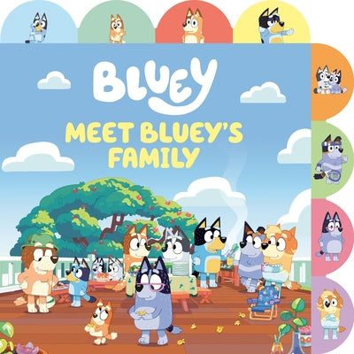 Meet Bluey's Family tabbed board book by Penguin Young Readers Licenses, featuring colorful illustrations of Bluey and her family.
