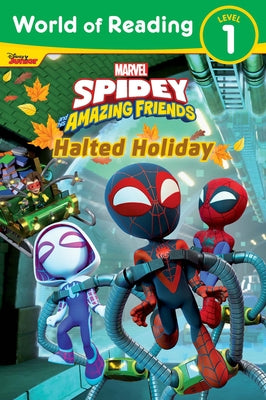Paperback Marvel World of Reading: Spidey and His Amazing Friends Halted Holiday book featuring Spider-Man and friends on the cover.
