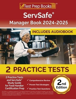 ServSafe Manager Book 2024-2025 paperback by Test Prep Books showing practice tests and study guide for food handler certification prep