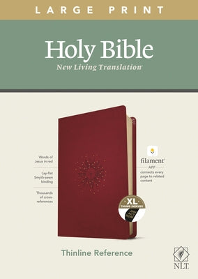 Red leatherlike NLT Large Print Thinline Reference Bible with indexed pages and red letter text, filament enabled edition by Tyndale.