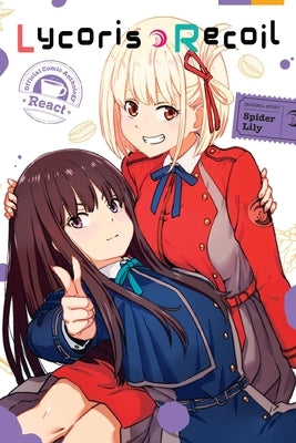 Paperback Lycoris Recoil Official Comic Anthology: React by Yen Press, featuring colorful cover art and pages of manga illustrations.
