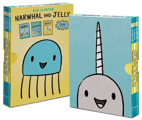 Set of three Narwhal and Jelly paperback books with a poster, featuring colorful characters from the Tundra Books series.