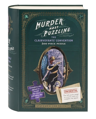 Chronicle Books Murder Most Puzzling board game with a 500-piece puzzle featuring a mysterious clairvoyants' convention scene.