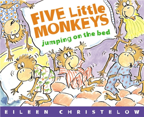 Paperback of "Five Little Monkeys Jumping on the Bed" children’s book by Clarion Books, showing colorful cover with monkeys jumping.