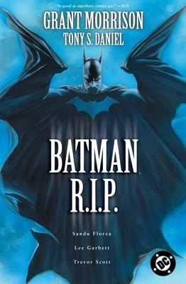 Batman R.I.P. paperback book by DC Comics featuring Batman in a dark cover illustration.