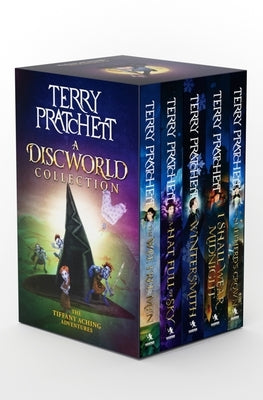 Paperback copy of Terry Pratchett's Discworld Collection: The Tiffany Aching Adventures, including The Wee Free Men and Hat Full of Sky.