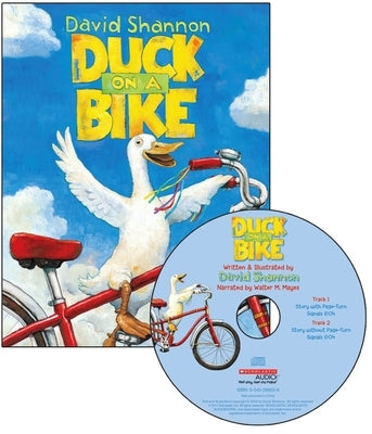 Paperback of Duck on a Bike by Scholastic featuring colorful cover illustration of a duck riding a bicycle with a CD included.