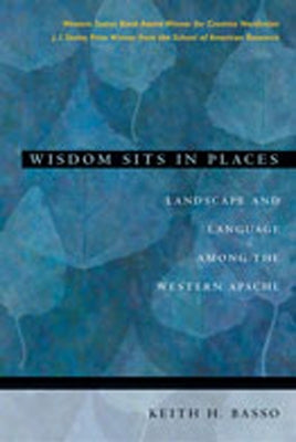 Paperback copy of "Wisdom Sits in Places" by Unm Press, featuring a close-up of the book cover with landscape and Apache imagery.