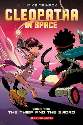 Paperback graphic novel titled "The Thief and the Sword" from Cleopatra in Space series by Graphix with colorful cover art.