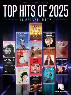 Paperback music book of Top Hits of 2025 featuring piano, voice, and guitar arrangements with full lyrics, published by Hal Leonard.