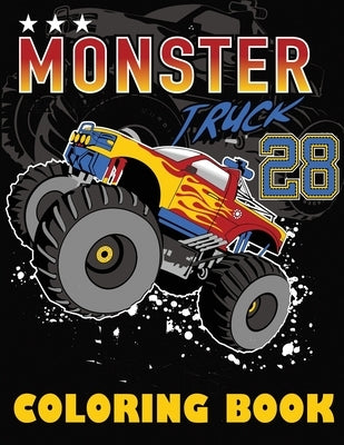 Coloring book cover featuring monster trucks, paperback edition from Blue Wave Press, with colorful truck illustrations.