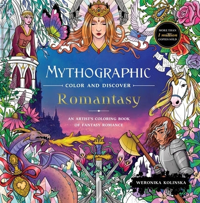 Colorful fantasy romance illustrations from the Mythographic Color and Discover Romantasy coloring book by Castle Point Books.