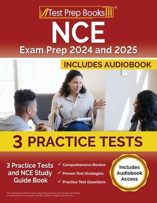 Test Prep Books NCE Exam Prep 2024-2025 paperback with practice tests and study guide, includes audiobook access.