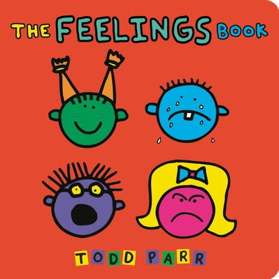 Colorful LB Kids The Feelings Book board book with illustrations of children expressing different emotions.