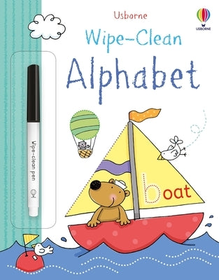 Paperback Wipe-Clean Alphabet kindergarten readiness book for kids by Usborne Books, featuring colorful alphabet illustrations.