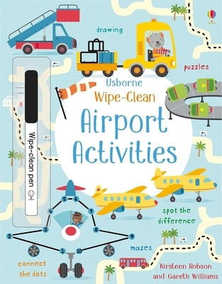 Wipe-clean airport activities paperback book by Usborne Books featuring colorful travel-themed activities for kids.