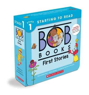 Scholastic Inc. Bob Books First Stories Box Set of decodable phonics books for ages 4 and up, kindergarten reading beginners.