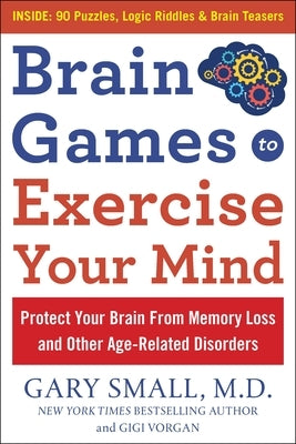 Paperback book titled "Brain Games to Exercise Your Mind" with large print puzzles, logic riddles, and brain training activities.