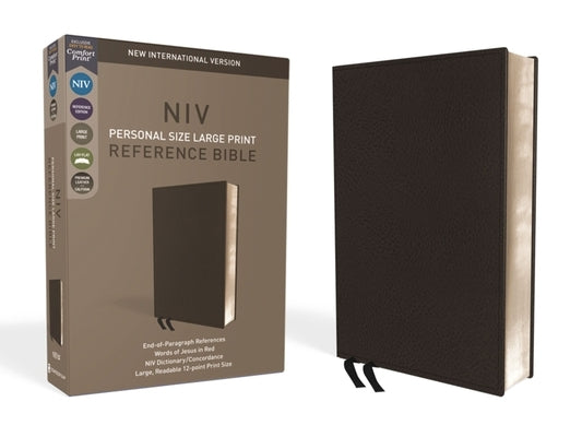 Black leather personal size NIV Bible with large print, red letter edition, Zondervan, featuring comfort print text.
