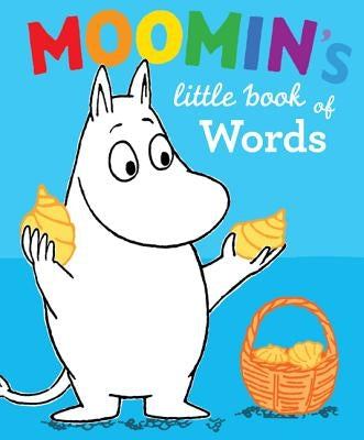 Colorful Moomin's Little Book of Words board book with illustrated pages, designed for young children by Farrar, Straus and Giroux.
