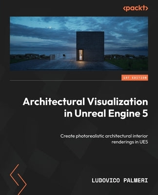 Paperback book titled "Architectural Visualization in Unreal Engine 5" by Packt Publishing, showing a photorealistic interior rendering.