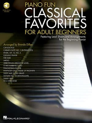 Piano Fun Classical Favorites for Adult Beginners book by Hal Leonard with online audio access code and sample pages.