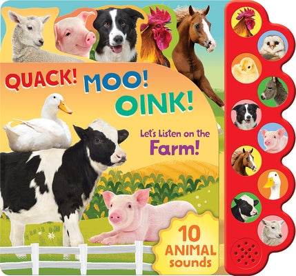 Colorful farm animal board book titled "Quack! Moo! Oink! Let's Listen on the Farm!" by Parragon, featuring illustrated farm scenes.