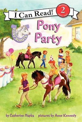 Paperback copy of Pony Scouts: Pony Party by HarperCollins, featuring colorful cover art with ponies and a festive scene.