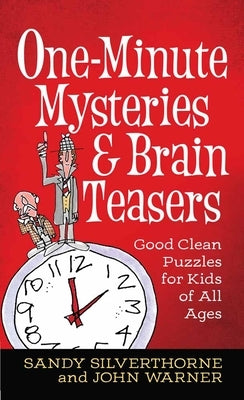 Open copy of "One-Minute Mysteries and Brain Teasers" puzzle book by Harvest House Publishers, featuring colorful cover and puzzles inside.