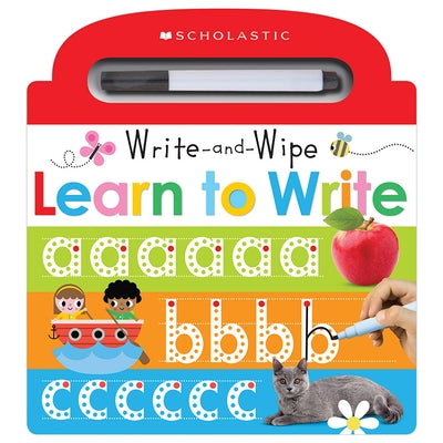 Learn to Write Scholastic Early Learners board book by Cartwheel Books featuring colorful wipe-clean pages for young children.